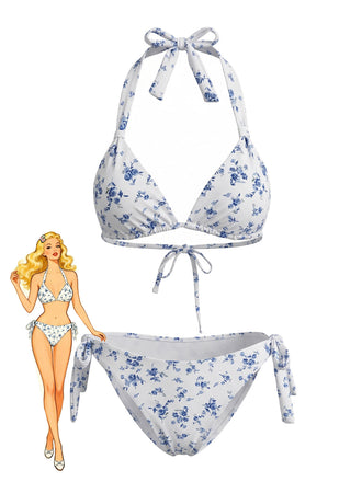 Bleu Ensemble Bikini Dos Nu à Petites Fleurs avec Lien années '40