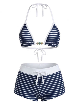 [Prévente] Ensemble Bikini Dos-Nu Rayé Style Marin Bleu Années 1940