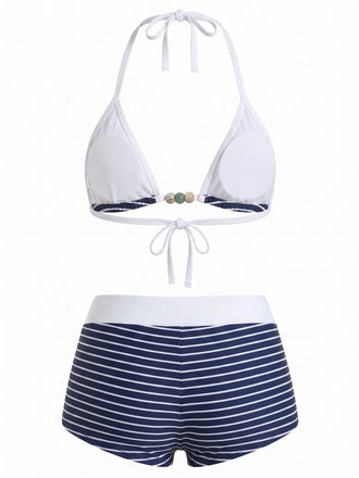 [Prévente] Ensemble Bikini Dos-Nu Rayé Style Marin Bleu Années 1940 2