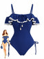 Maillot de bain une pièce bleu pendentif coquillage et volants années 1940