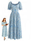Robe bleue col V et motif floral délicat années 40