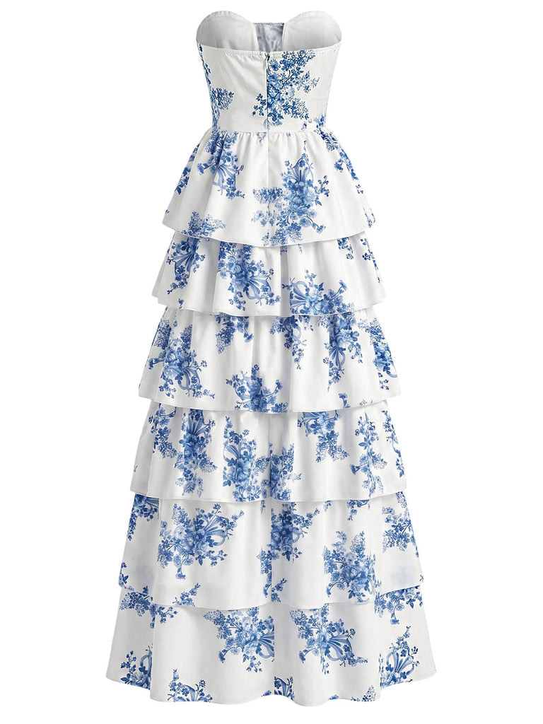 Robe Longue Bustier à Baleines Étagée Florale Bleue Années 1930