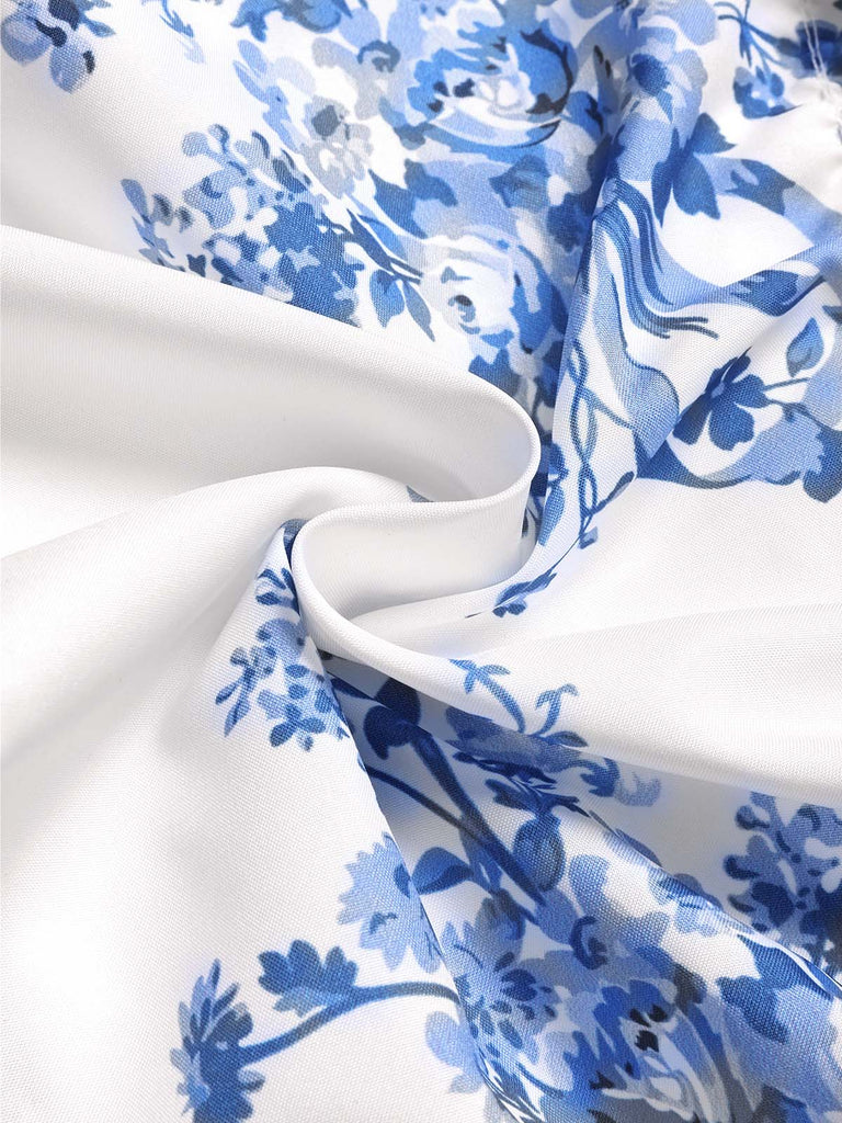 Robe Longue Bustier à Baleines Étagée Florale Bleue Années 1930