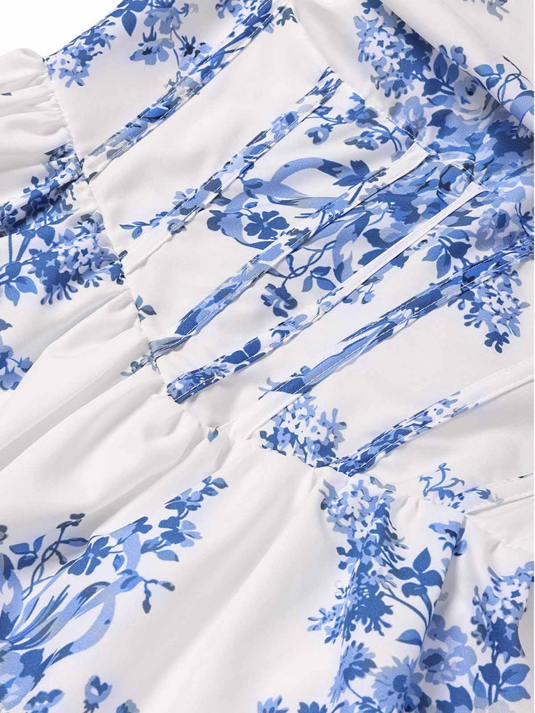 Robe Longue Bustier à Baleines Étagée Florale Bleue Années 1930