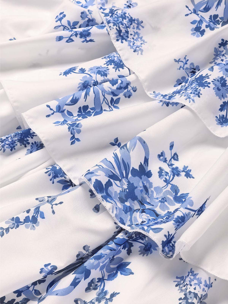 Robe Longue Bustier à Baleines Étagée Florale Bleue Années 1930