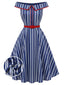 [Prévente] Robe swing bleue rayée épaules dénudées années 1950