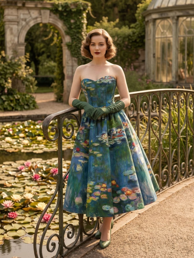 [Prévente] Robe bustier vert pâle motif nénuphars et décolleté cœur années 50