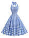 Classic 1950s checkered halter dress featuring sweetheart neck design perfect for vintage-themed parties and rockabilly occasions