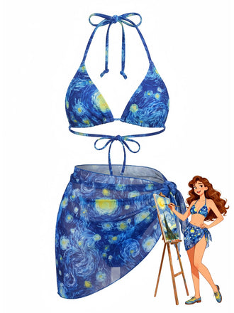 Étoilé Nuit Dos-Nu Ensemble Bikini & Cache Maillot Bleue Années 1960