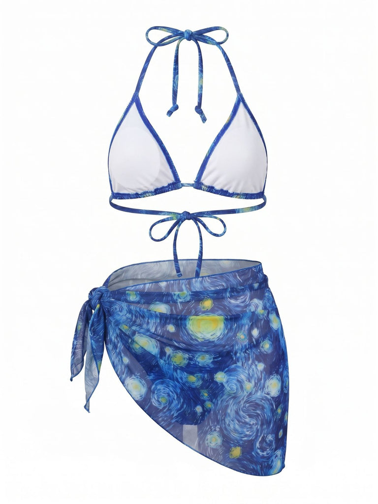Étoilé Nuit Dos-Nu Ensemble Bikini & Cache Maillot Bleue Années 1960 3