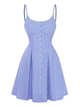 Bleu Rayé Boutons Bretelles Fines Robe en A Années 1960 2