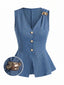 Gilet bleu col V et boutons façon perle années 1960