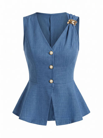 Tops Perle Col V Boutonné Bleu Années 1960 2