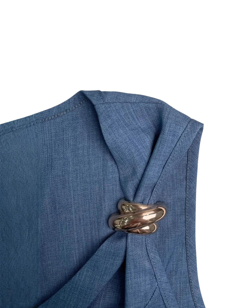 Tops Perle Col V Boutonné Bleu Années 1960 5