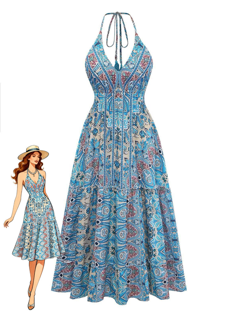 Robe Midi Halter Évasée Boho Paisley Bleu Années 70