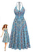 Robe Midi Halter Évasée Boho Paisley Bleu Années 70