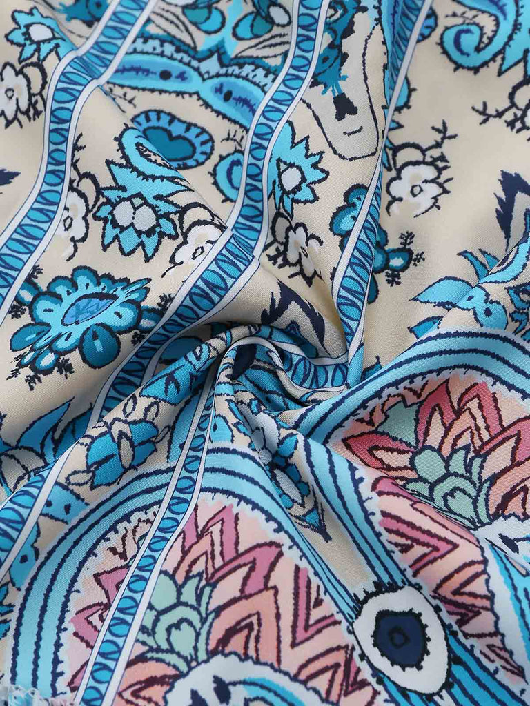 Robe Midi Halter Évasée Boho Paisley Bleu Années 70