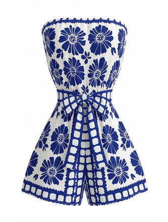 Combishort Bustier Ceinturé Floral Bleu Années 1970