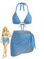 [Grande Taille] 2PCS Ensemble bikini et paréo bleus motif géométrique cubes 3D et dos nu années 70