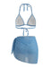 Ensemble 3 Pièces Bikini Dos-Nu Géométrique Cube 3D & Cache-Maillot Bleu Années 1970