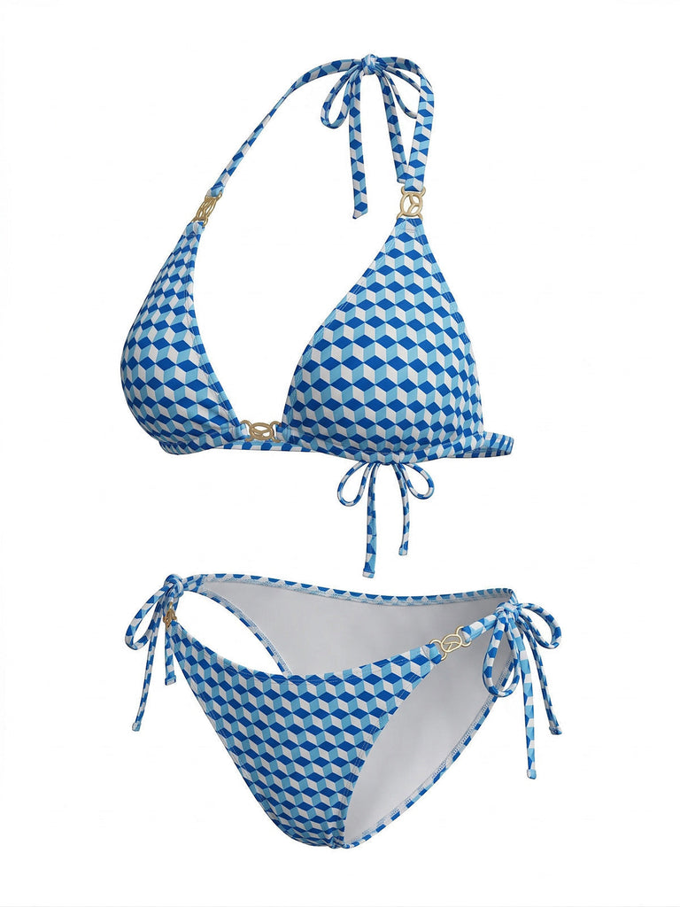 Ensemble 3 Pièces Bikini Dos-Nu Géométrique Cube 3D & Cache-Maillot Bleu Années 1970