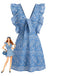 Robe Courte Paisley Col V à Volants Brodée Bleue Années 1970