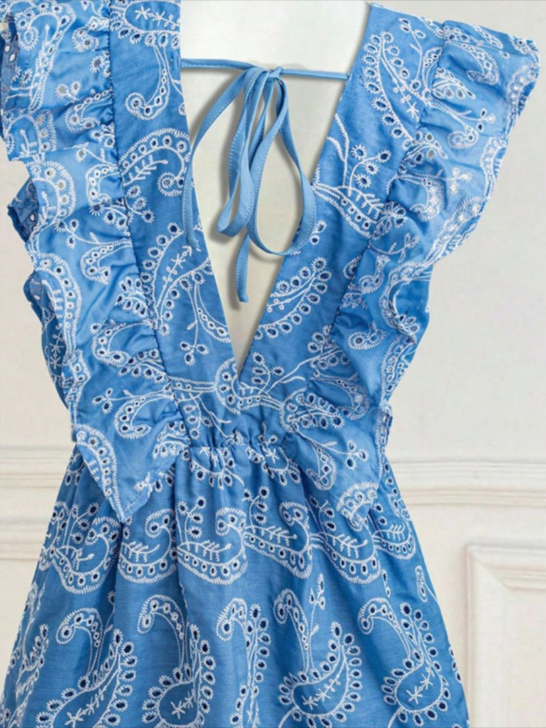 Robe Courte Paisley Col V à Volants Brodée Bleue Années 1970 7
