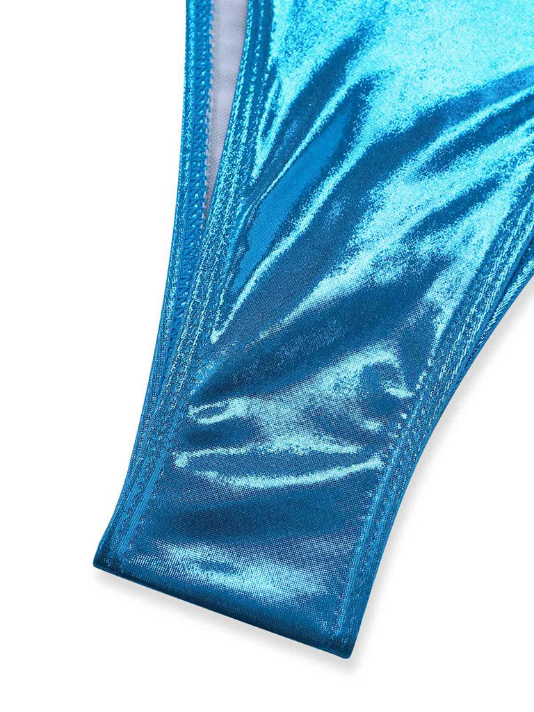 Bleu Métallisé Coquillage Halter Ensemble Bikini Années 1980 7