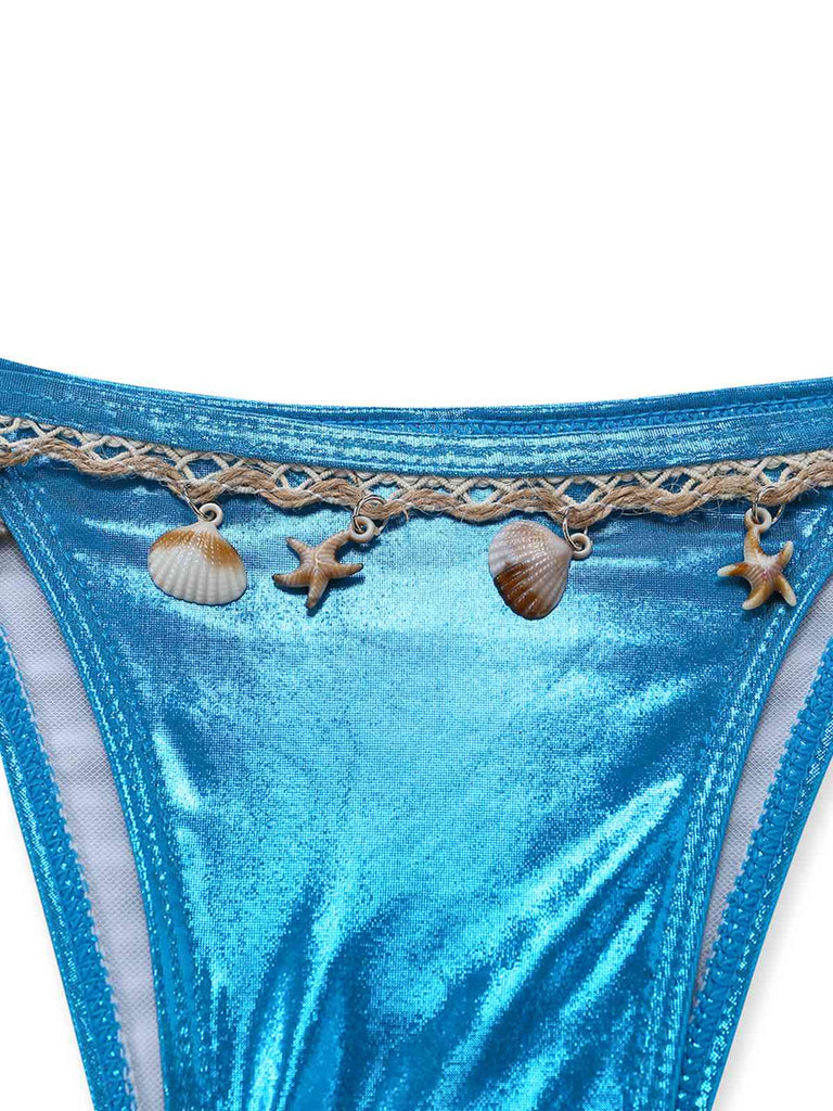 Bleu Métallisé Coquillage Halter Ensemble Bikini Années 1980 5