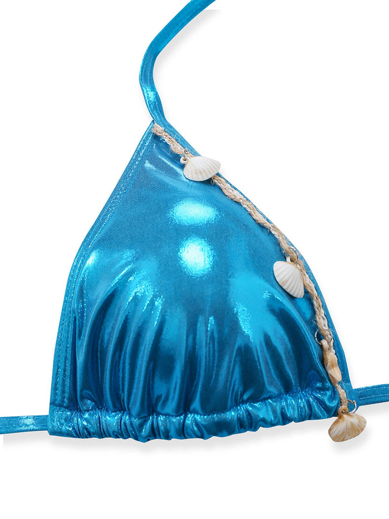 Bleu Métallisé Coquillage Halter Ensemble Bikini Années 1980 6