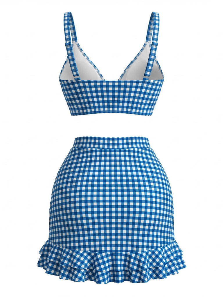 3PCS à Volants Ourlet à Carreaux Drawstring Ensemble Tankini Années 1950 10
