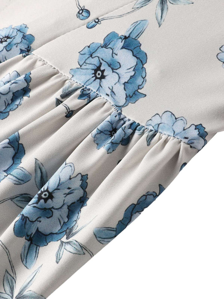 Close-up of a fabric with blue floral pattern on a white background