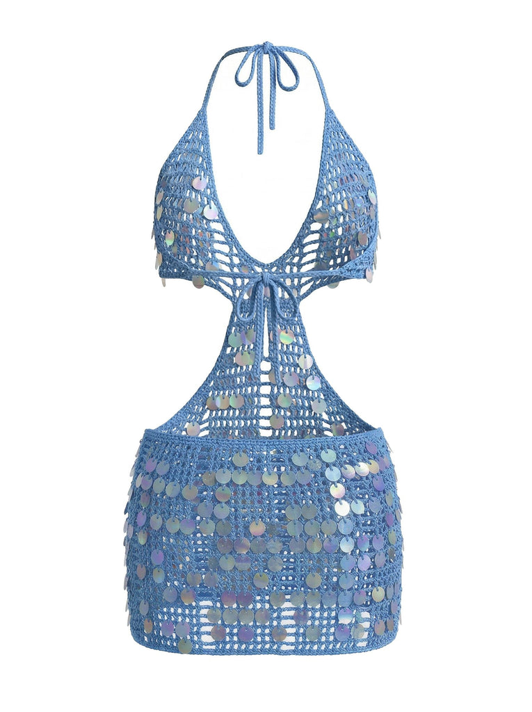 Back: Blue 1980s Sequin Deep V-Neck Backless Beach Cover Up, vintage charm, perfect for vintage fashion lovers
