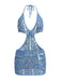 Back: Blue 1980s Sequin Deep V-Neck Backless Beach Cover Up, vintage charm, perfect for vintage fashion lovers