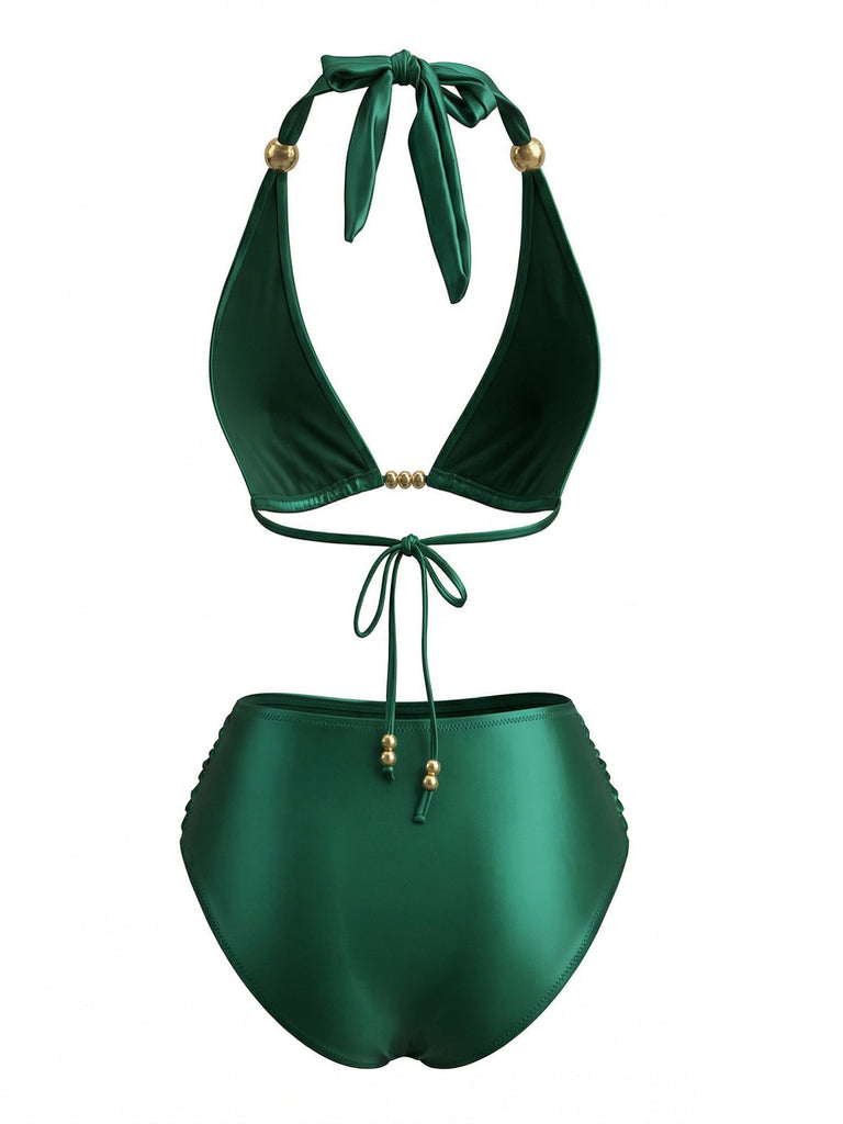 Dos-Nu Satin Doré Anneau Ensemble Bikini Verte Années 1980 3