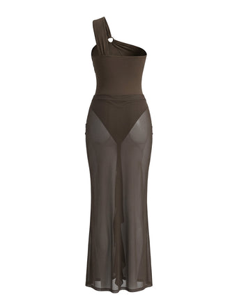 Maillot de Bain Une Pièce Filet à Volants Marron Années 1930 2