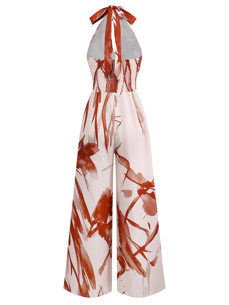Combinaison Halter Sans Manches Imprimé Abstrait Floral Marron Années 30
