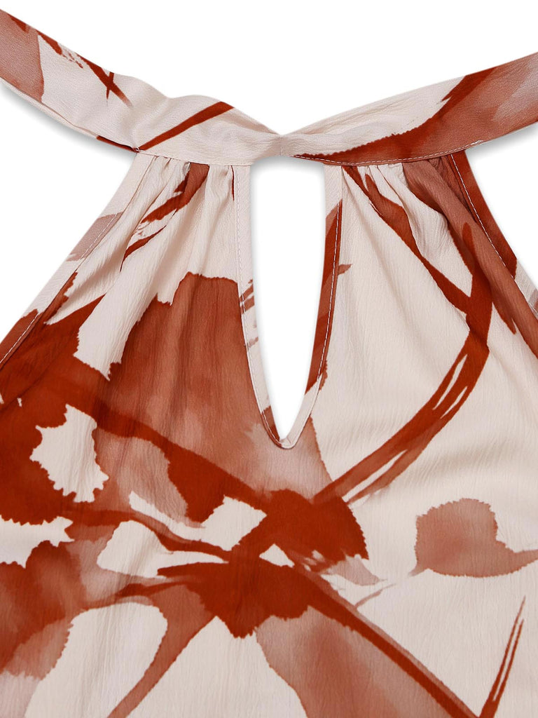 Combinaison Halter Sans Manches Imprimé Abstrait Floral Marron Années 30