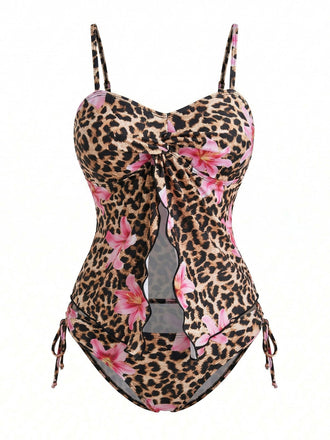 Marron Léopard Floral Imprimé Devant Découpé Ensemble Tankini Années 1940 2