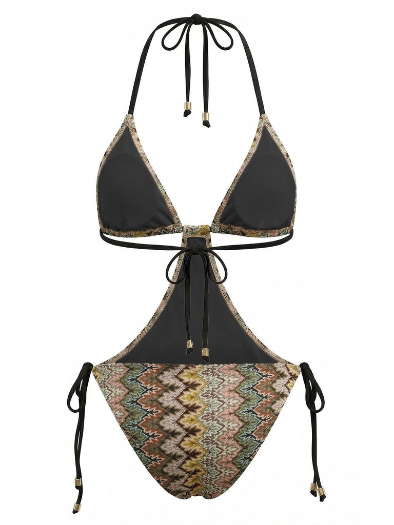 Maillot de Bain Une Pièce Bohème Froncé Imprimé Chevron Marron Années 1970 3