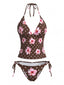 Bikini Col Licou à Pois et Fleurs Marron Années 80