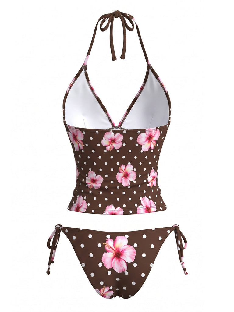 Ensemble Bikini Halter à Pois et Fleurs Marron Années 80