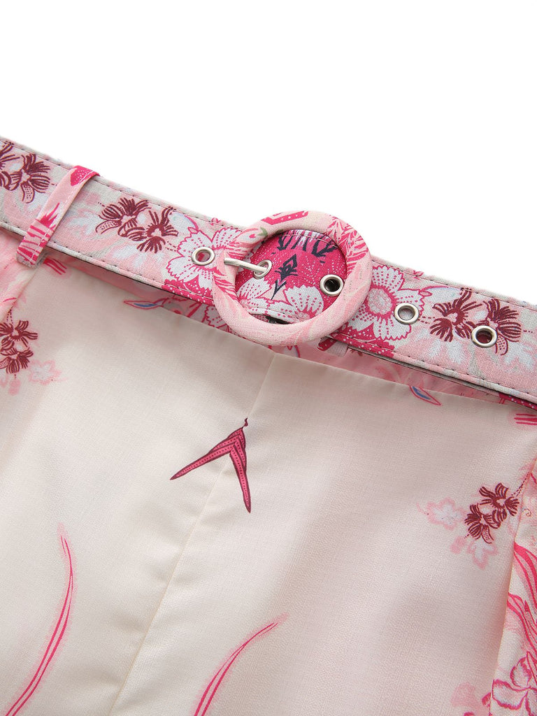 2PCS Chemisier fleuri bohème rose et short taille haute années 1970