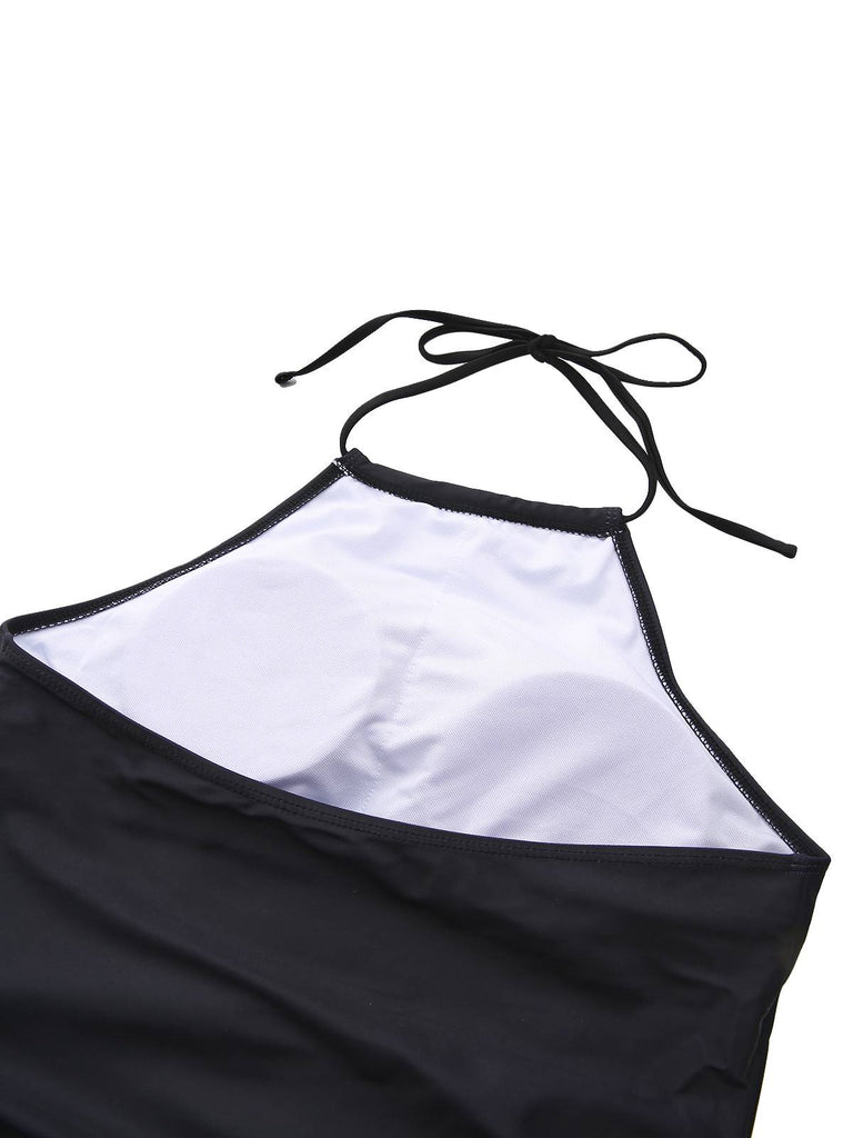 Maillot de bain tankini tie-dye noir à motif palmiers au coucher du soleil années 1940