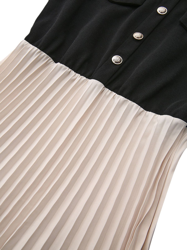 Robe trapèze plissée revers color-block années 1940