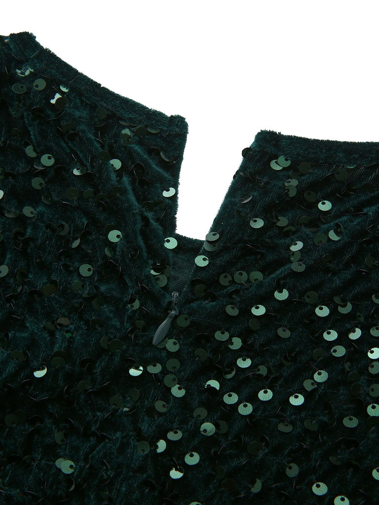 Robe longue à sequins vert foncé manches longues années 40