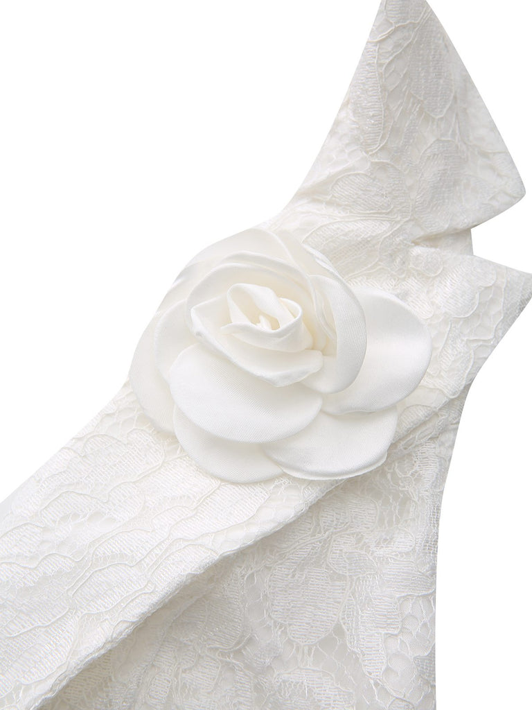 Robe dos nu en dentelle blanche style décolleté en V profond ornée de roses 3D années 1950