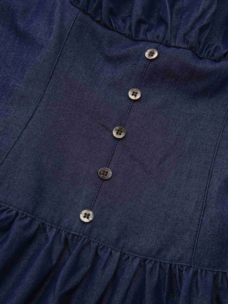 Mini-robe froncée bleue à bretelles spaghetti années 1960