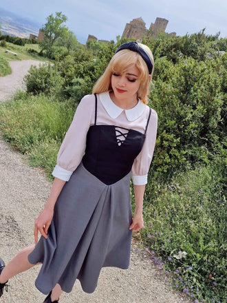 2PCS chemisier rose contrasté et robe grise des années 40