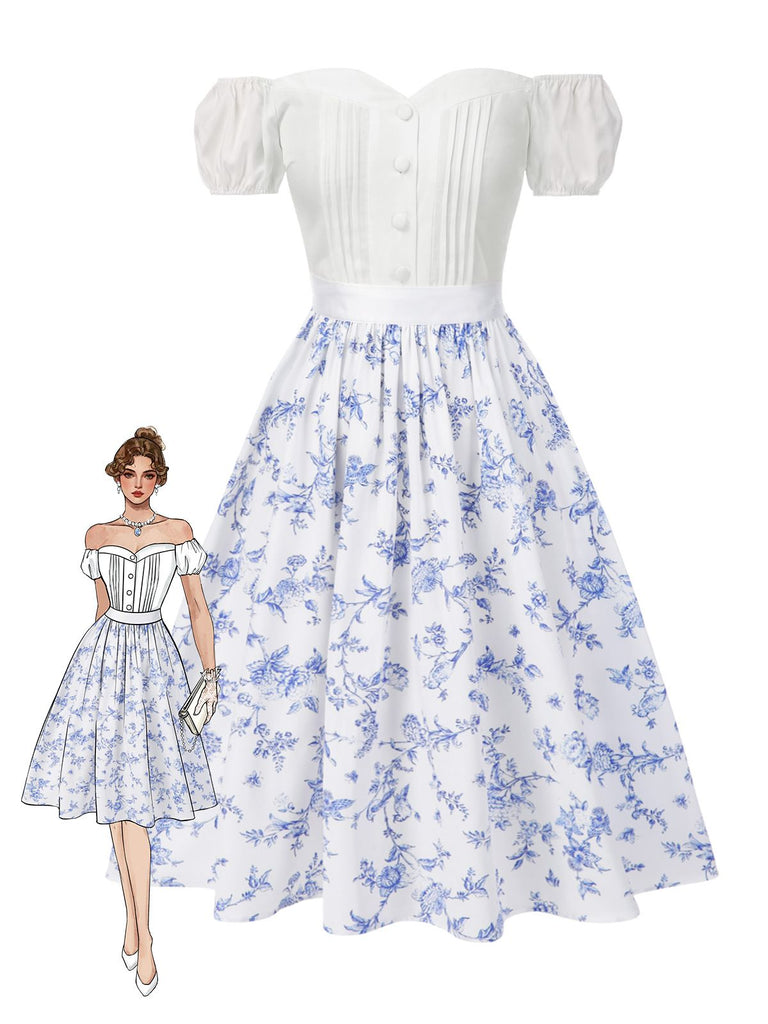 2PCS hauts bouffants blancs épaules dénudées et jupe fleurie bleue années 1950